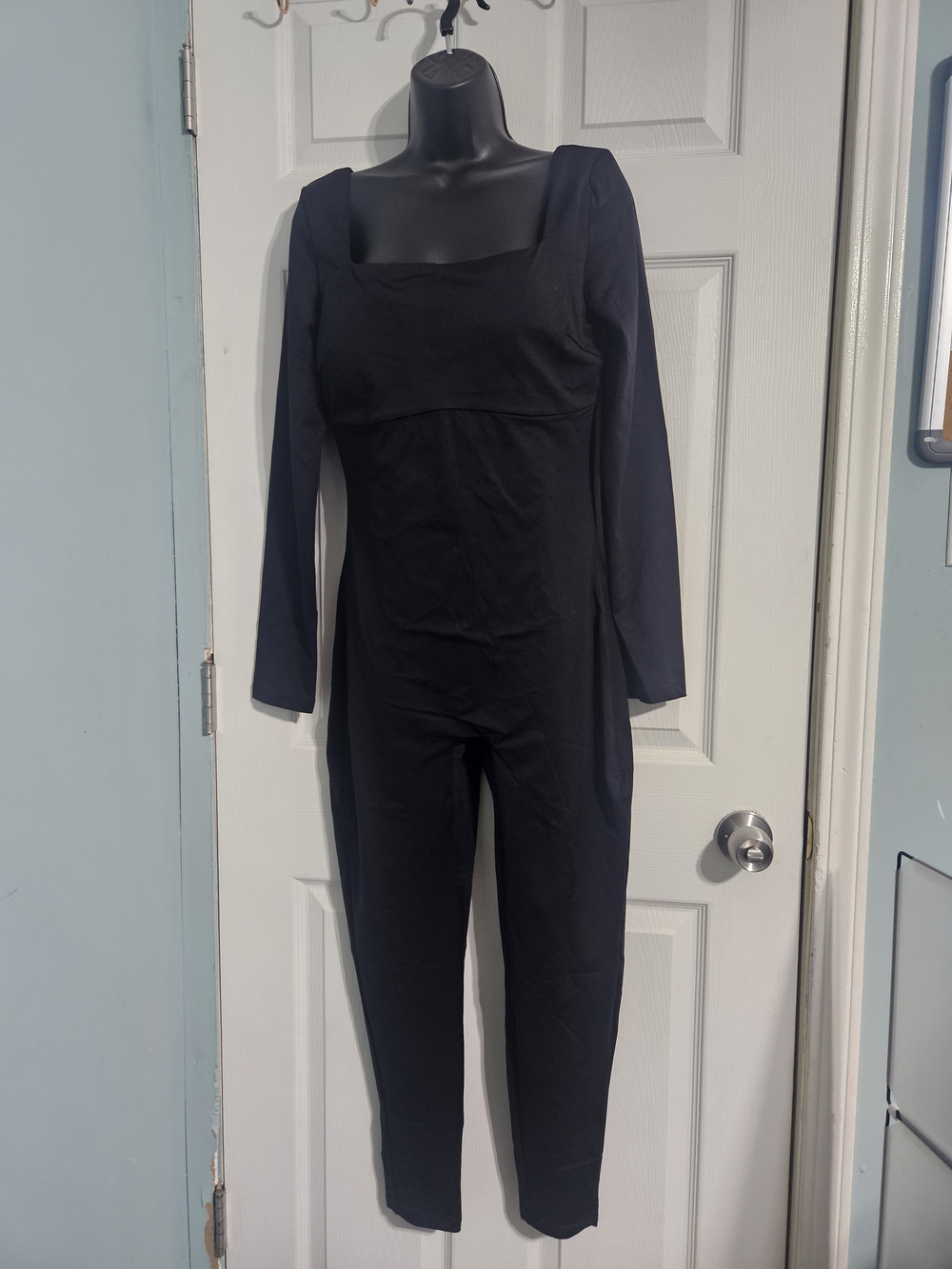 Women's Black Square-Neck Long-Sleeve Jumpsuit